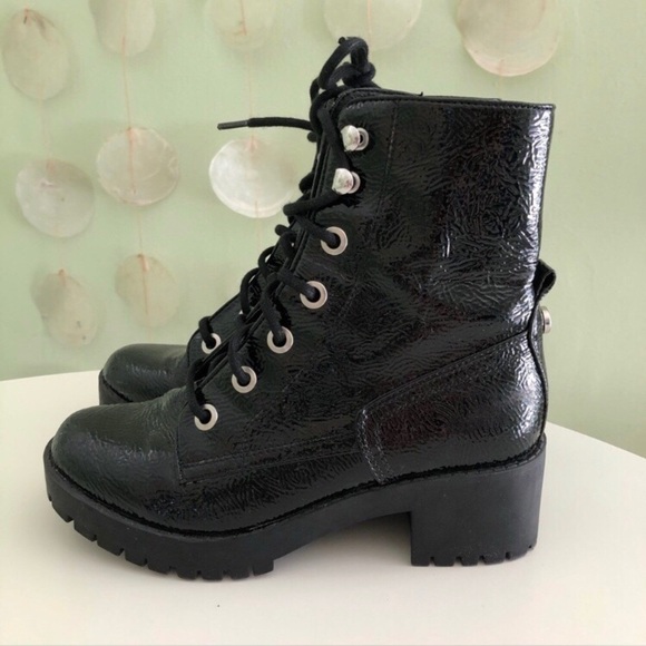 Steve Madden Patent Leather Chunky Platform Combat Moto Boots - Picture 3 of 12